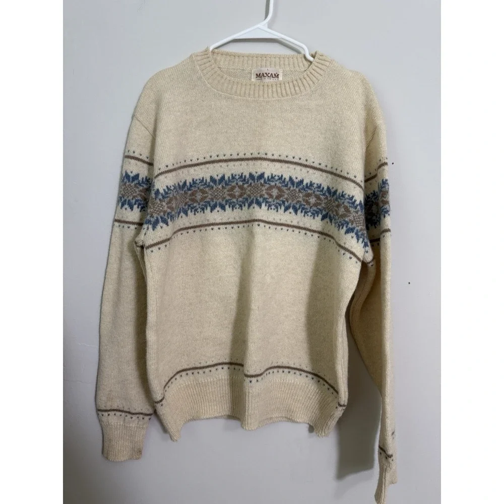 Vintage Maxam Sweater Mens Large Knit Snowflake Nordic Pullover USA Preppy